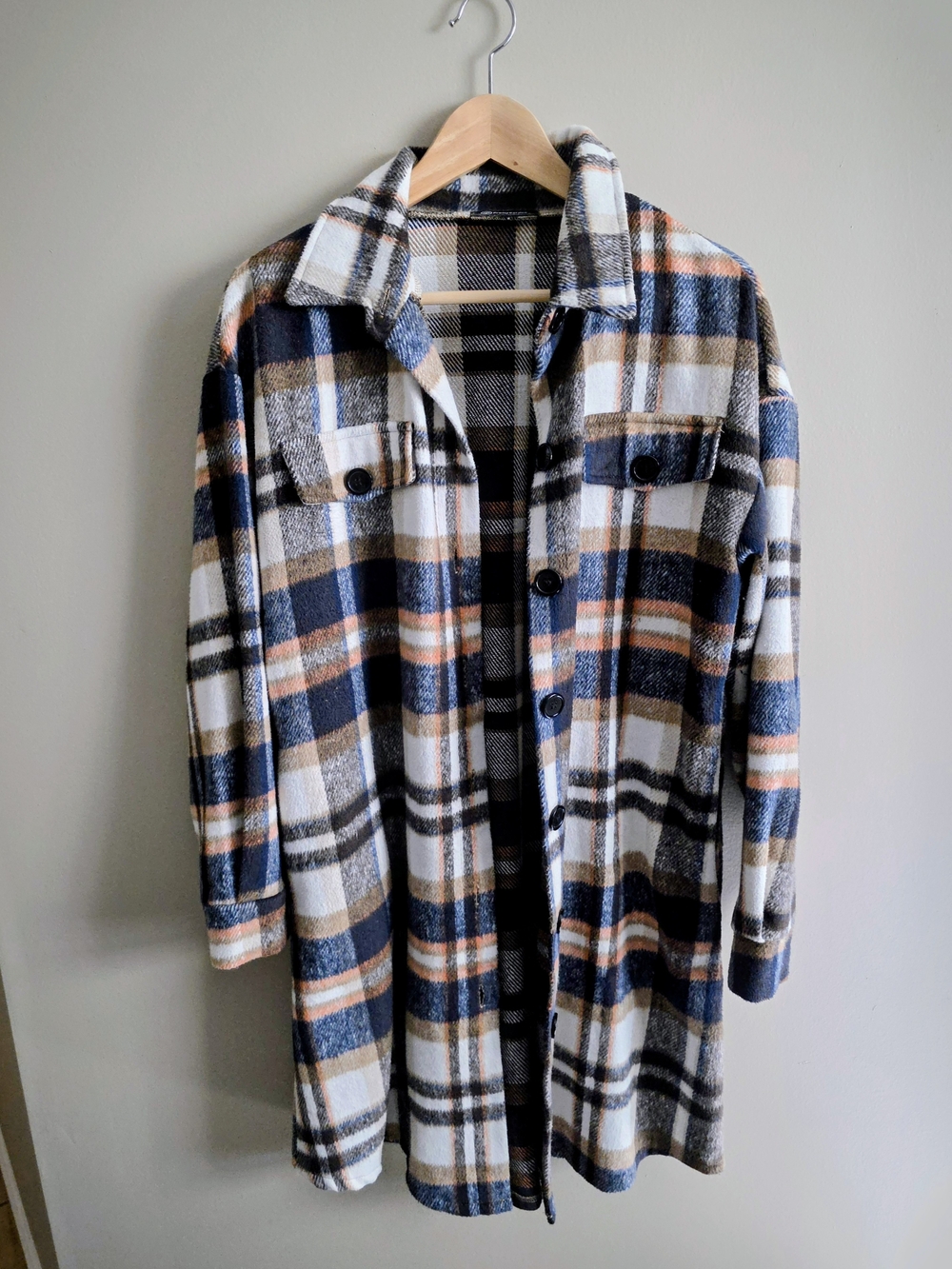 Plaid Long Button-Front Coat in Navy, Cream & Brown